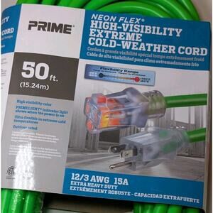 Prime Neon Flex 50 Ft 12/3 AWG 15A High Visibility Extension Cord Green New